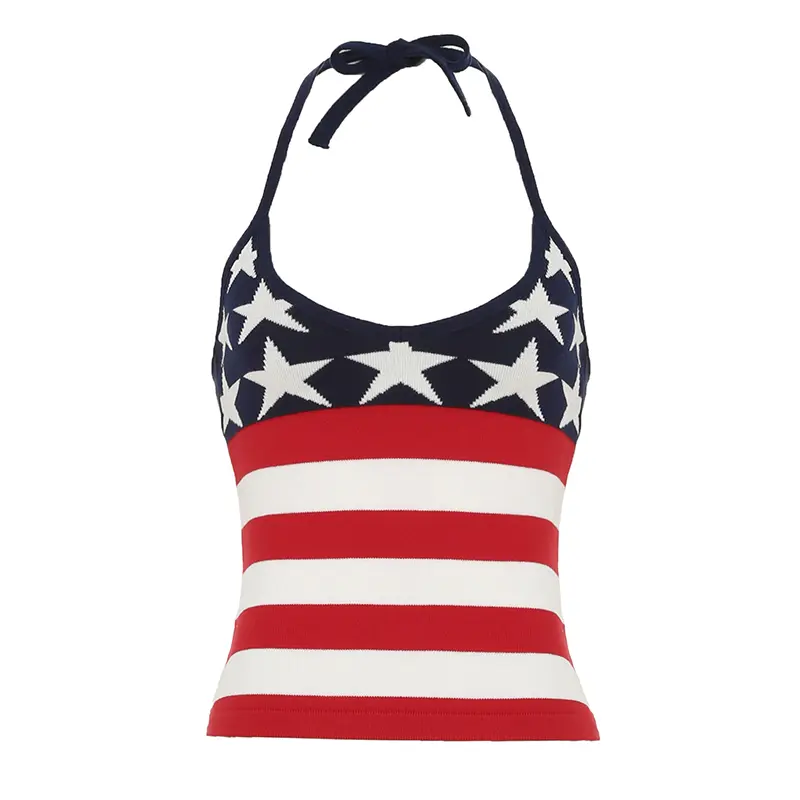 Rockmore Stripes Stars Contrasting Knit Camisole Women's Slim Fit Spaghetti Strap Halter Tie Up Crop Top Y2K coquette fashion