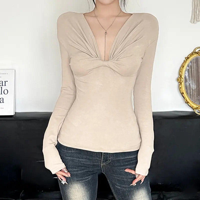 Rockmore Chic Pleats Women's Deep V-Neck Long Sleeve T Shirt Slim-Fitting Casual Solid Color Top Tee Autumn Basic Versatile