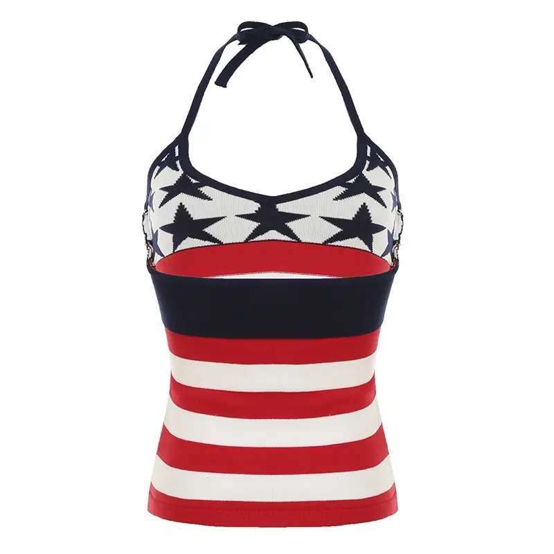 Rockmore Stripes Stars Contrasting Knit Camisole Women's Slim Fit Spaghetti Strap Halter Tie Up Crop Top Y2K coquette fashion