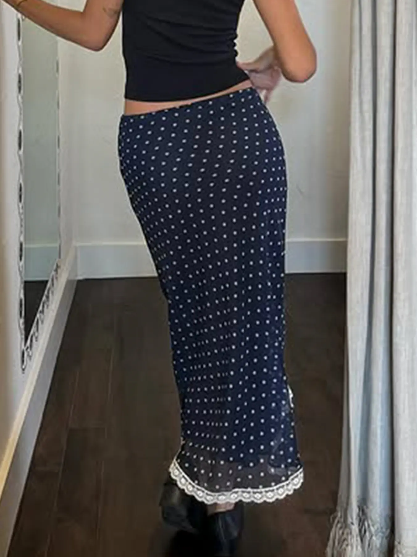 Rockmore Women Polka Dots Mesh Skirt Y2K Street Lace Print Wrap Mid Skirt Lady Elegant Spring Summer Casual Vacation Outfits