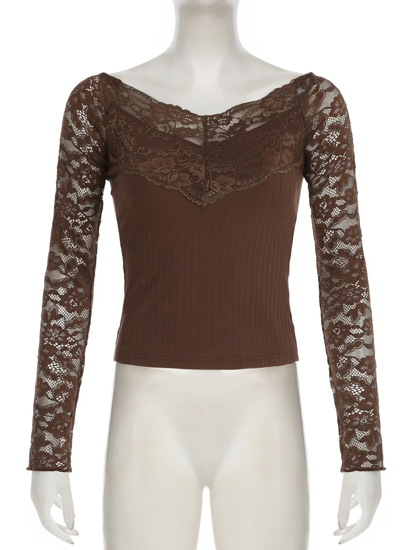 Rockmore Brown V-neck See Through Slim Fit Pullover Chic Long Sleeve Lace Crop Tops Grunge Fairycore Vintage Clothes Aesthetic