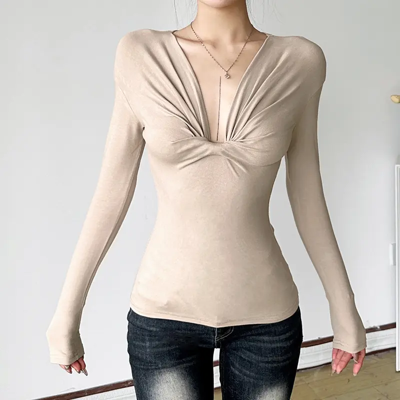 Rockmore Chic Pleats Women's Deep V-Neck Long Sleeve T Shirt Slim-Fitting Casual Solid Color Top Tee Autumn Basic Versatile