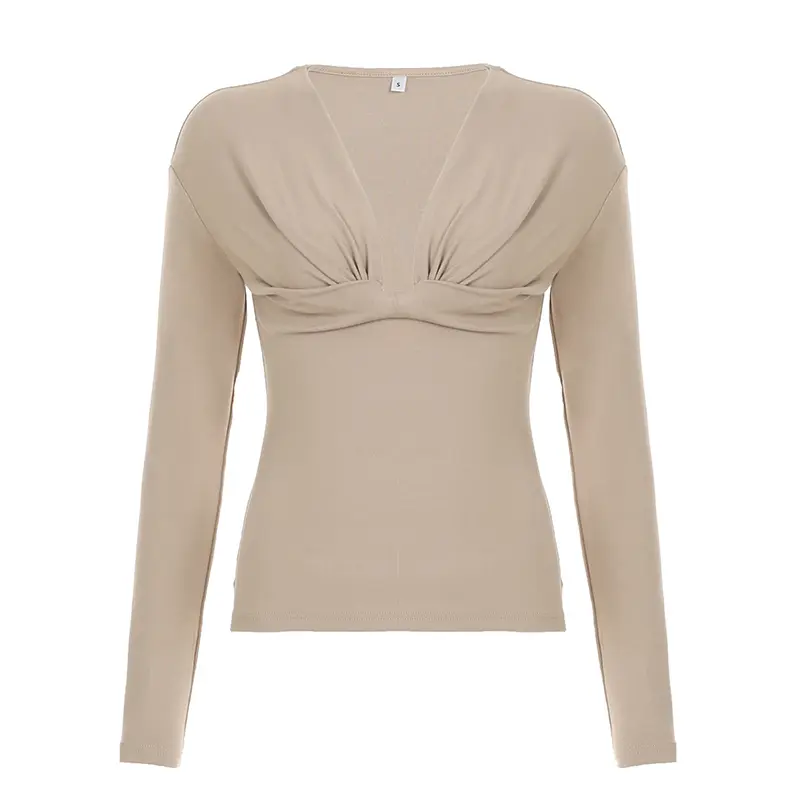 Rockmore Chic Pleats Women's Deep V-Neck Long Sleeve T Shirt Slim-Fitting Casual Solid Color Top Tee Autumn Basic Versatile