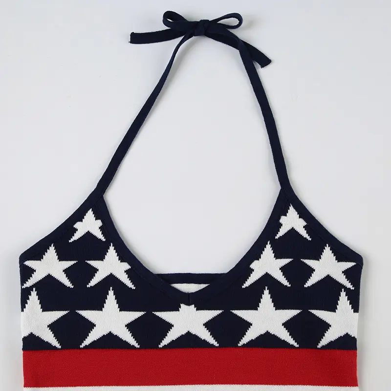 Rockmore Stripes Stars Contrasting Knit Camisole Women's Slim Fit Spaghetti Strap Halter Tie Up Crop Top Y2K coquette fashion