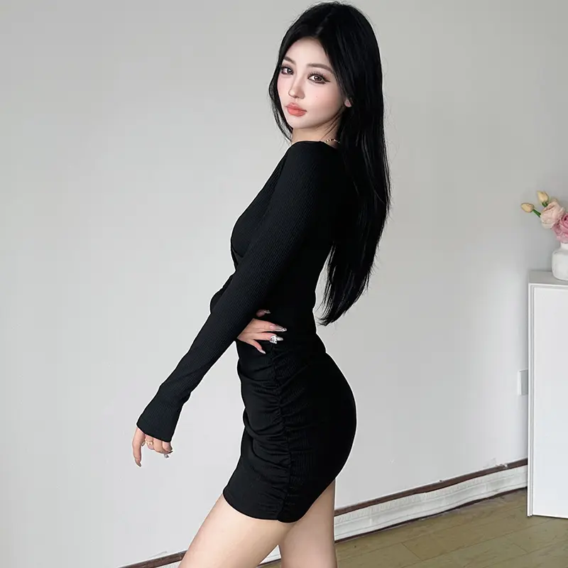 Korean Style Bodycon Dress Women V-Neck Pleated Waist Mini Dress Solid Black Long Sleeve Wrap Bandage Dress for Night Out
