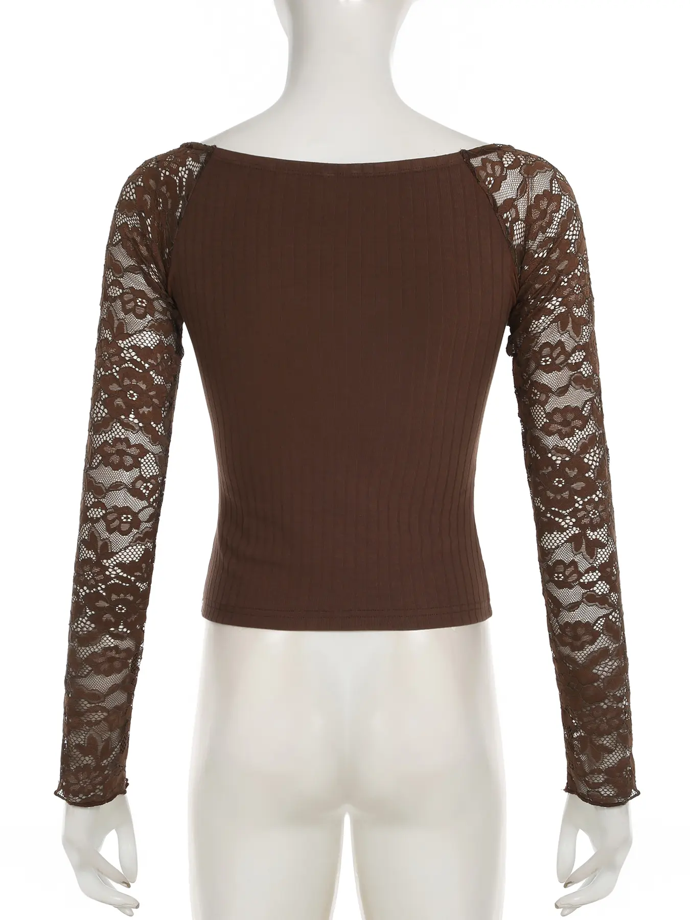 Rockmore Brown V-neck See Through Slim Fit Pullover Chic Long Sleeve Lace Crop Tops Grunge Fairycore Vintage Clothes Aesthetic