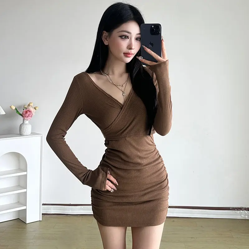 Korean Style Bodycon Dress Women V-Neck Pleated Waist Mini Dress Solid Black Long Sleeve Wrap Bandage Dress for Night Out