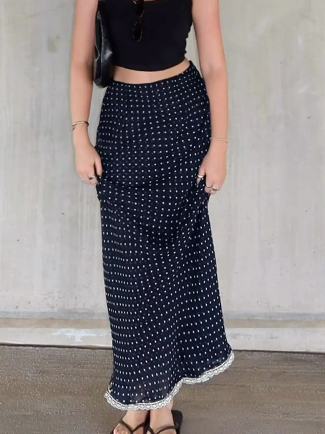 Rockmore Women Polka Dots Mesh Skirt Y2K Street Lace Print Wrap Mid Skirt Lady Elegant Spring Summer Casual Vacation Outfits
