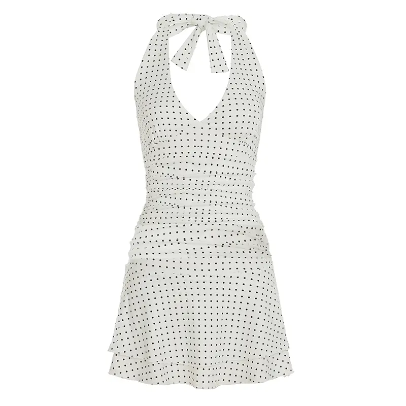 Rockmore Polka Dot Print Halter Dresses Women Sleeveless Mini Pleated Bodycon Dress Party Holiday Dating Summer Backless Sundres