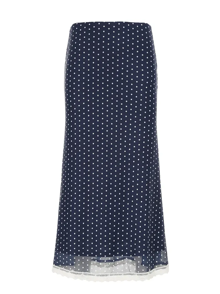 Rockmore Women Polka Dots Mesh Skirt Y2K Street Lace Print Wrap Mid Skirt Lady Elegant Spring Summer Casual Vacation Outfits
