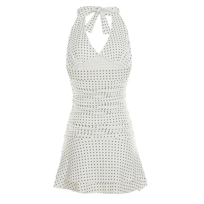 Rockmore Polka Dot Print Halter Dresses Women Sleeveless Mini Pleated Bodycon Dress Party Holiday Dating Summer Backless Sundres