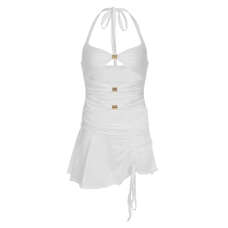 Rockmore Sexy Hollow-cut Backless Halter Dress Drawstring Design Sleevesless Club Rave Party Bodycon Night Prom Women Mini Dress