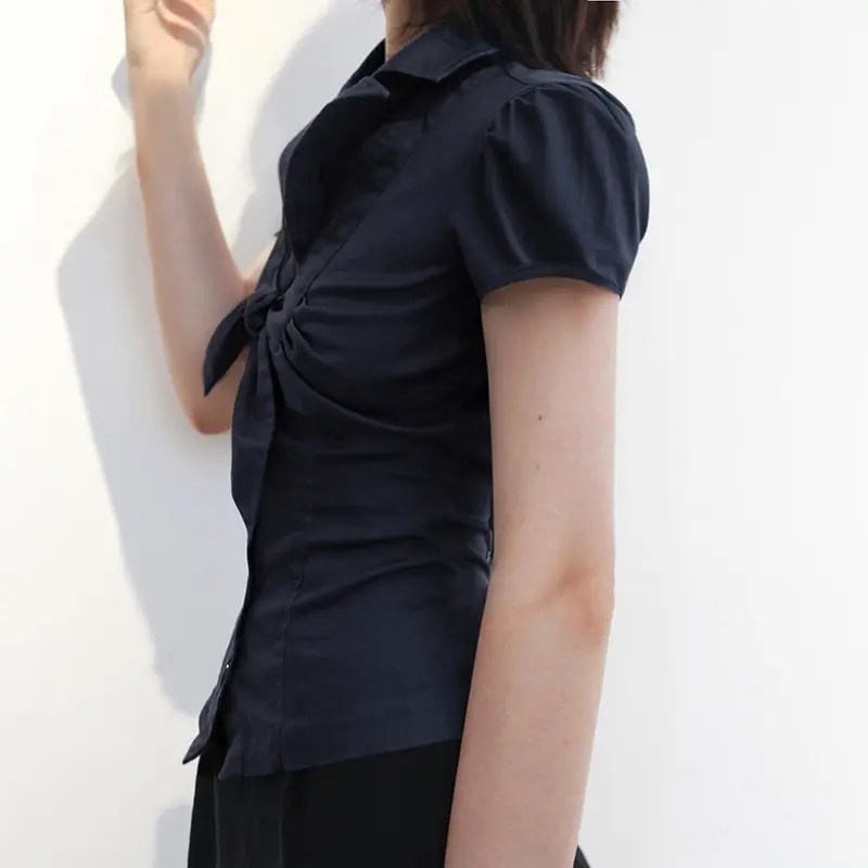Rockmoer y2k Coquette Women's Bow Tie Low Cut Button-Up Shirt Korean Fashion Blue Short Sleeve Blouse Casual Streetwear Summer