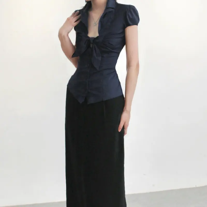Rockmoer y2k Coquette Women's Bow Tie Low Cut Button-Up Shirt Korean Fashion Blue Short Sleeve Blouse Casual Streetwear Summer