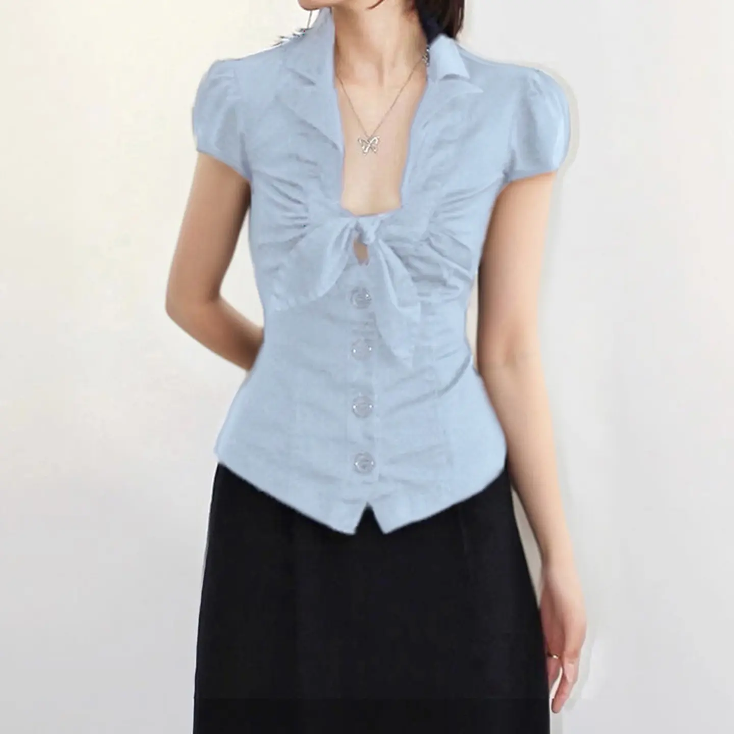 Rockmoer y2k Coquette Women's Bow Tie Low Cut Button-Up Shirt Korean Fashion Blue Short Sleeve Blouse Casual Streetwear Summer