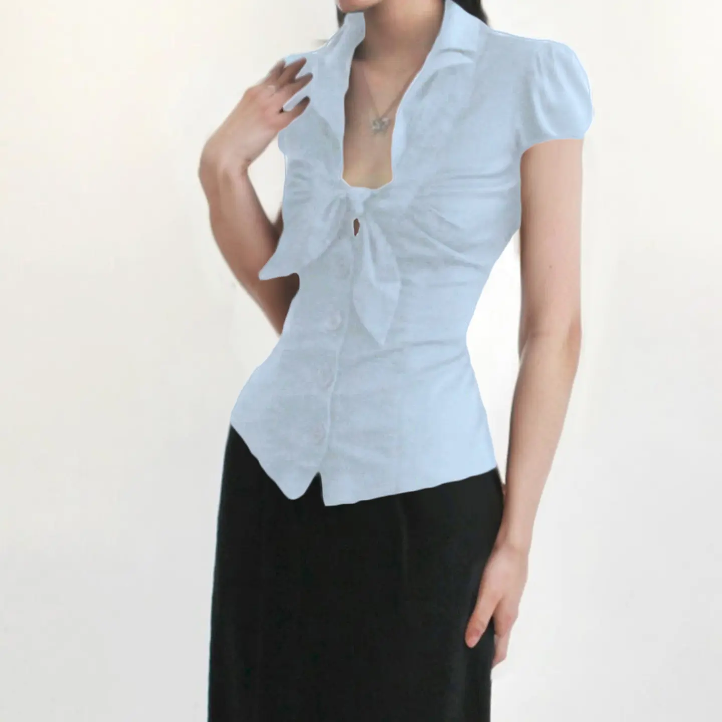 Rockmoer y2k Coquette Women's Bow Tie Low Cut Button-Up Shirt Korean Fashion Blue Short Sleeve Blouse Casual Streetwear Summer