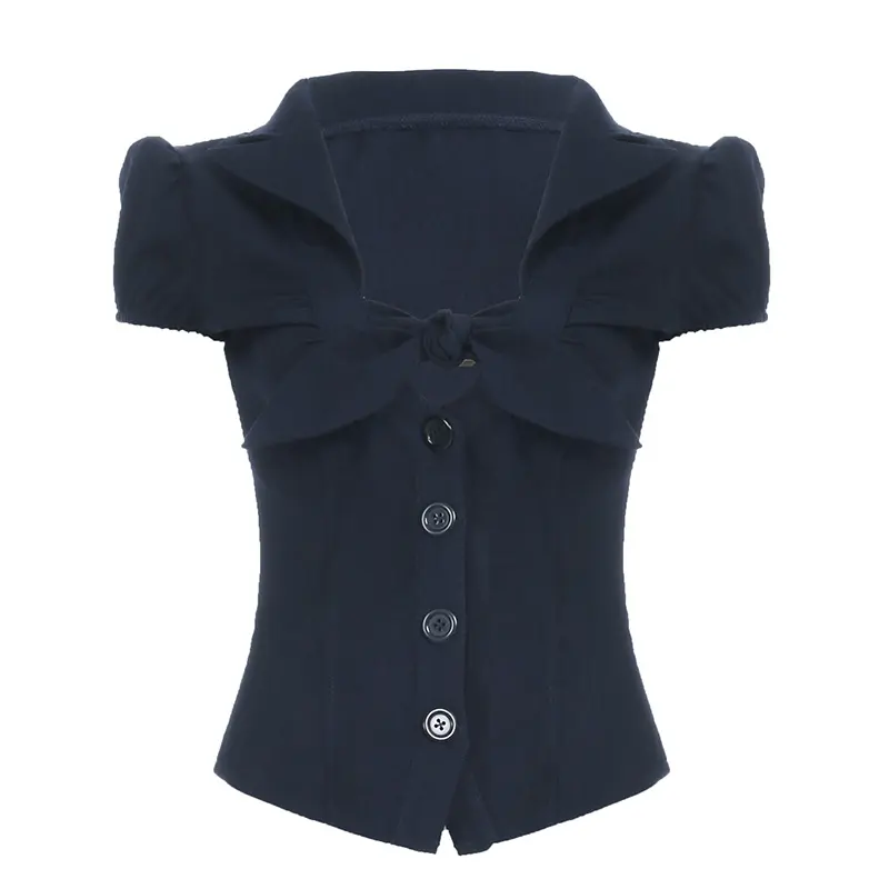 Rockmoer y2k Coquette Women's Bow Tie Low Cut Button-Up Shirt Korean Fashion Blue Short Sleeve Blouse Casual Streetwear Summer