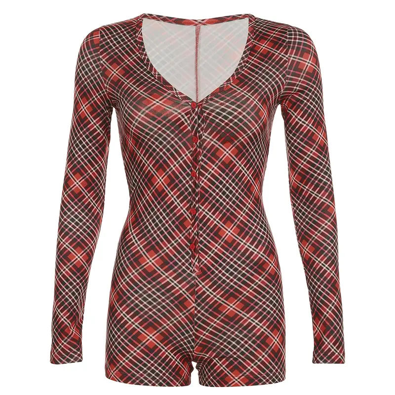 Rockmore Tartan V-Neck Long Sleeve Bodycon Jumpsuit Christmas Party Style Vintage Print Single Button Elastic Waist Bodysuit