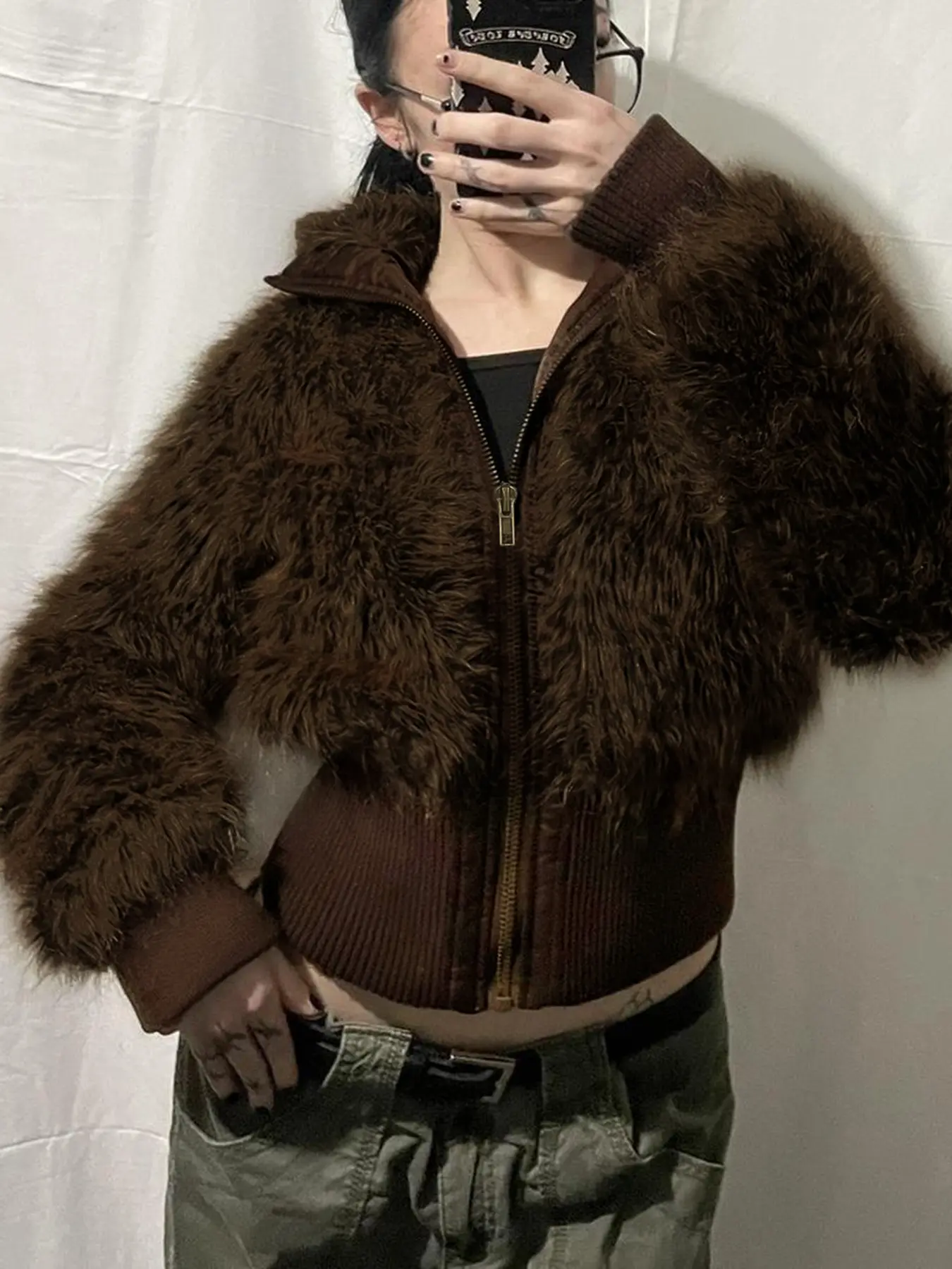 Rockmore Retro Brown Fur Coat Y2K Turtleneck Zipper Jacket Vintage Casual Winter Thick Outwear Streetwear Women Clothes 2024 New