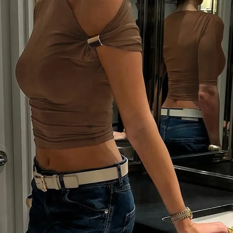 Rockmore Metal Ruched Skew Collar Women'S T-Shirt Solid Casual Elegant Y2K One Sleeves Crop Tops Sexy Club Street Summer Outfit