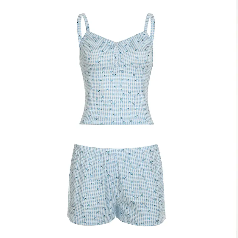 Rockmore Two-Piece Set Women's Plaid Floral Print Cami Top & Shorts Set Casual Comfy Crop Camisole Mini Shorts Suit for Summer