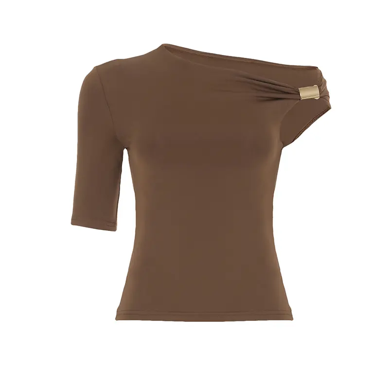 Rockmore Metal Ruched Skew Collar Women'S T-Shirt Solid Casual Elegant Y2K One Sleeves Crop Tops Sexy Club Street Summer Outfit