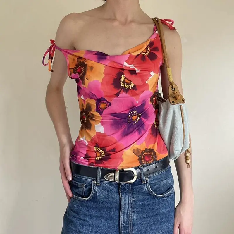 Rockmore Floral Print Draped Neck Crop Tops Women Tie up Camis Coquette Aesthetic Summer Sweet Holiday Beach Style Vest
