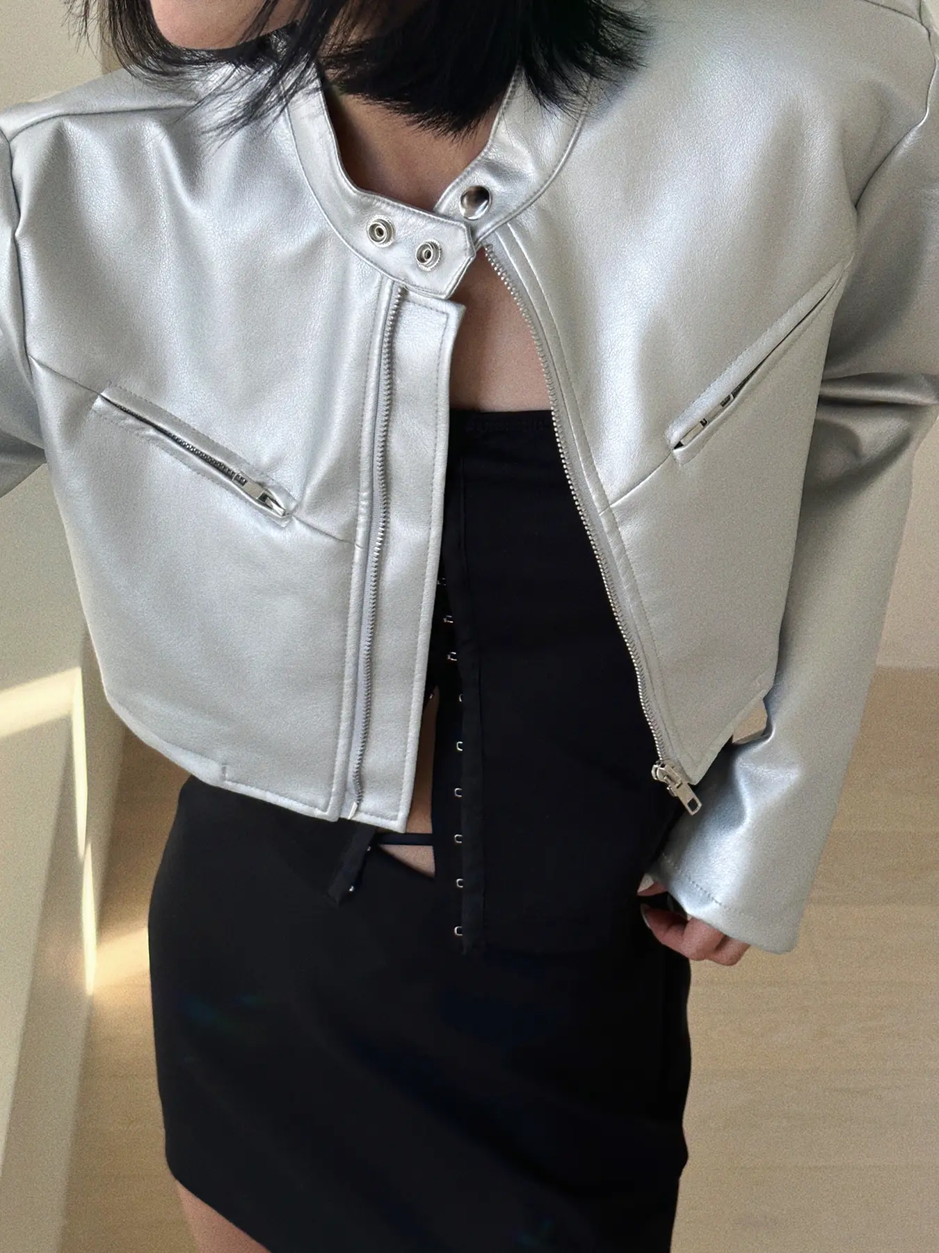 Rockmore Gothic Zipper Leather Silver Women Coats Vintage Long Sleeve Grunge Punk Streetwear Jackets 90s Fashion Autumn Clothes