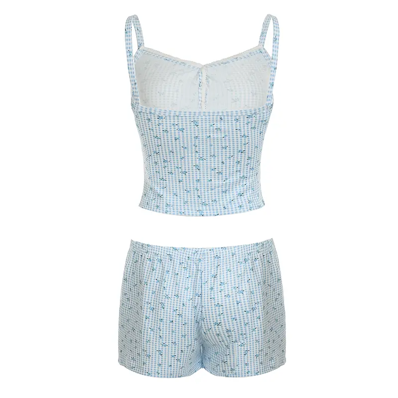 Rockmore Two-Piece Set Women's Plaid Floral Print Cami Top & Shorts Set Casual Comfy Crop Camisole Mini Shorts Suit for Summer