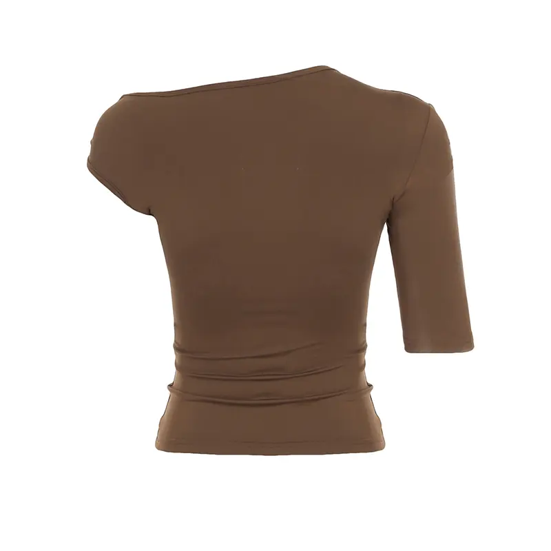 Rockmore Metal Ruched Skew Collar Women'S T-Shirt Solid Casual Elegant Y2K One Sleeves Crop Tops Sexy Club Street Summer Outfit