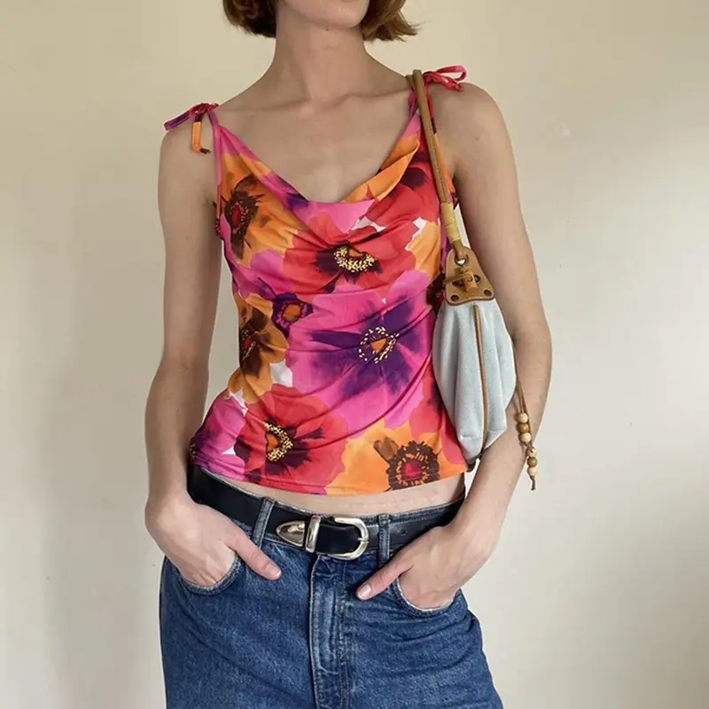 Rockmore Floral Print Draped Neck Crop Tops Women Tie up Camis Coquette Aesthetic Summer Sweet Holiday Beach Style Vest