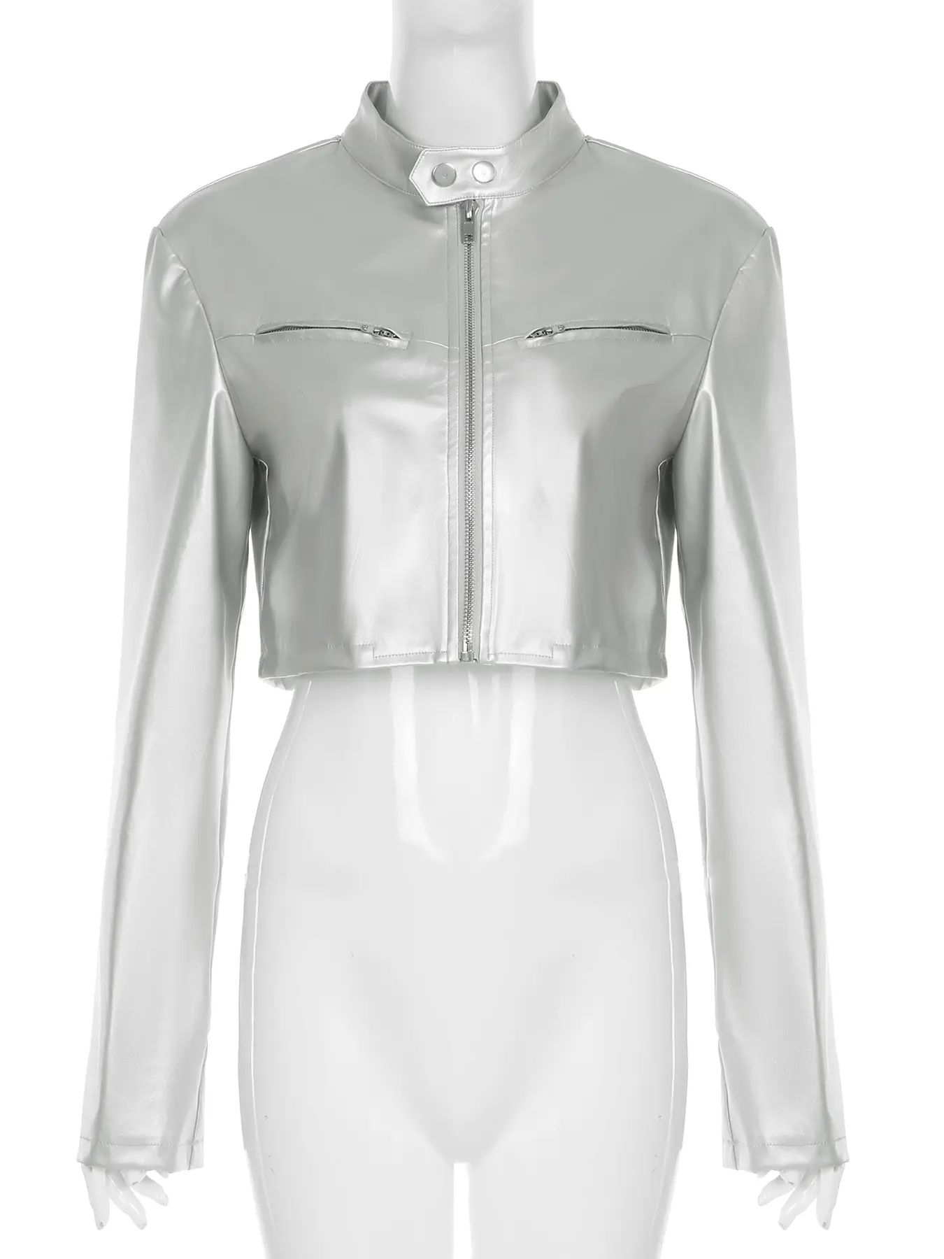 Rockmore Gothic Zipper Leather Silver Women Coats Vintage Long Sleeve Grunge Punk Streetwear Jackets 90s Fashion Autumn Clothes