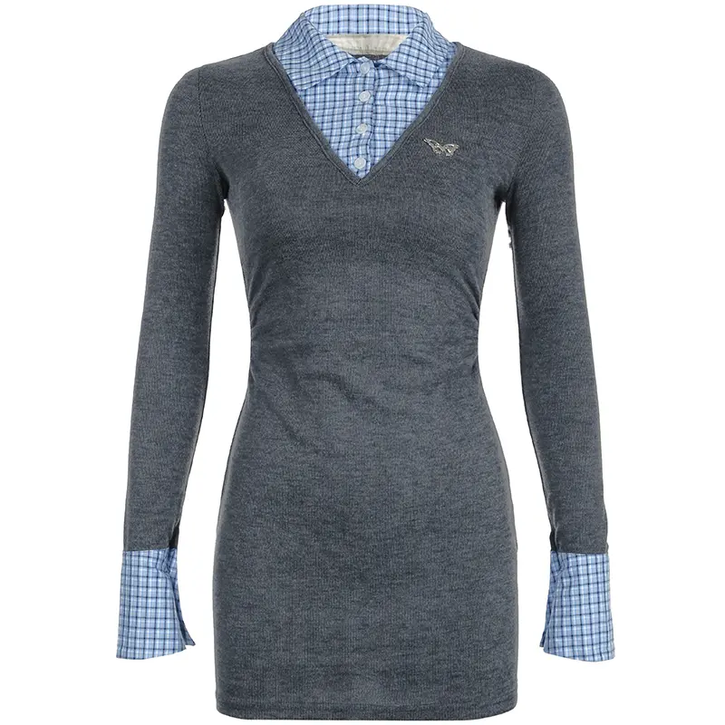 Rockmore Korean Style Plaid Collar Cotton Dress Color Block False Two Piece Mini Dress Long Sleeve Bodycon Dress for Trendy Girl