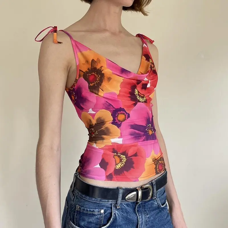 Rockmore Floral Print Draped Neck Crop Tops Women Tie up Camis Coquette Aesthetic Summer Sweet Holiday Beach Style Vest