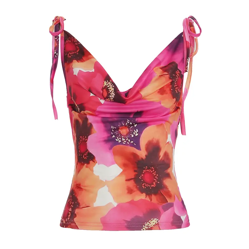 Rockmore Floral Print Draped Neck Crop Tops Women Tie up Camis Coquette Aesthetic Summer Sweet Holiday Beach Style Vest