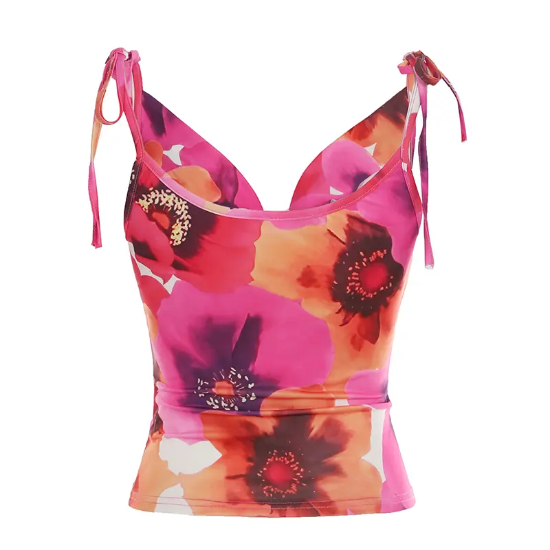 Rockmore Floral Print Draped Neck Crop Tops Women Tie up Camis Coquette Aesthetic Summer Sweet Holiday Beach Style Vest