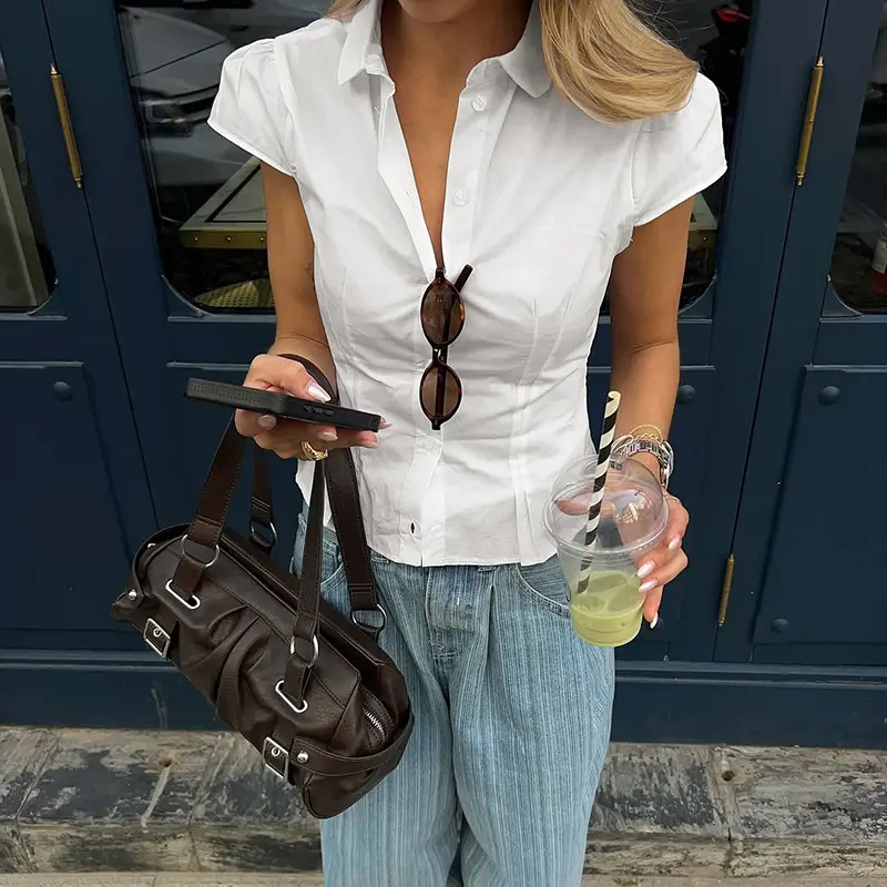 Rockmoer Blue / White Slim Blouse Shirts Summer Women Turn Down Collar Short Sleeve Button Up Solid Cropped Tops y2k coquette