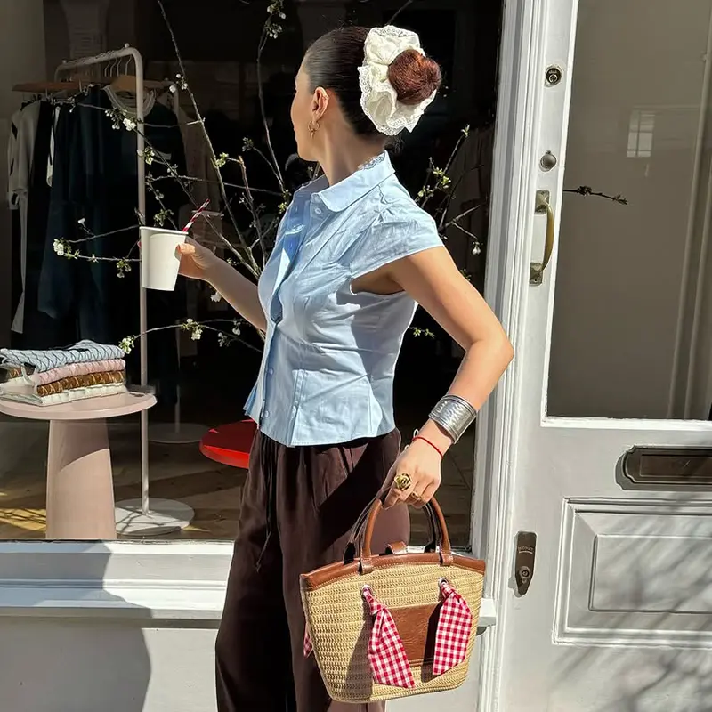 Rockmoer Blue / White Slim Blouse Shirts Summer Women Turn Down Collar Short Sleeve Button Up Solid Cropped Tops y2k coquette