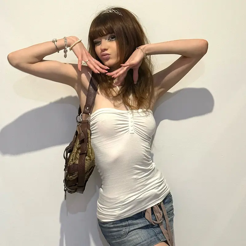 Rockmore Coquette Lace-up Halter Crop Top Women Solid Sexy Backless Button Pleated Camis Y2K Streetwear Female 2000s Aesthetic