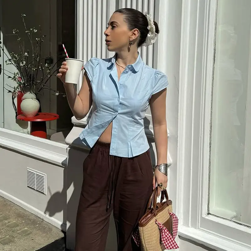 Rockmoer Blue / White Slim Blouse Shirts Summer Women Turn Down Collar Short Sleeve Button Up Solid Cropped Tops y2k coquette