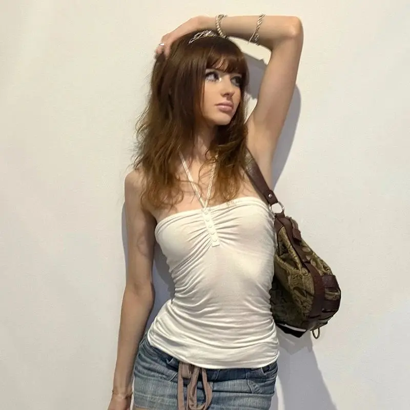 Rockmore Coquette Lace-up Halter Crop Top Women Solid Sexy Backless Button Pleated Camis Y2K Streetwear Female 2000s Aesthetic