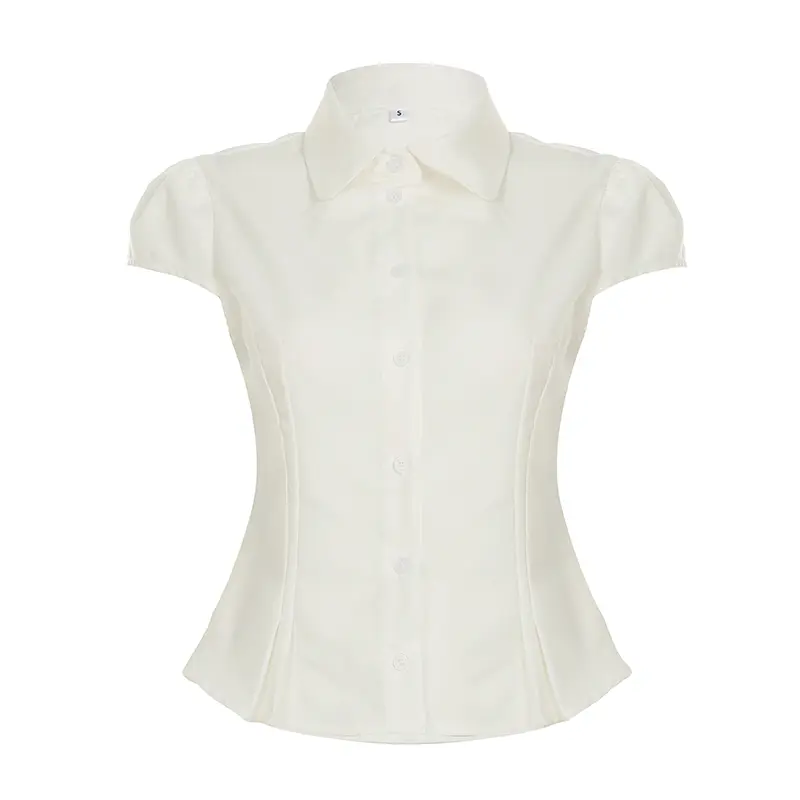 Rockmoer Blue / White Slim Blouse Shirts Summer Women Turn Down Collar Short Sleeve Button Up Solid Cropped Tops y2k coquette