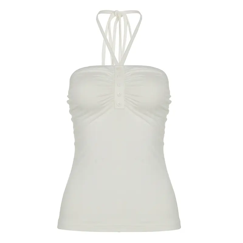 Rockmore Coquette Lace-up Halter Crop Top Women Solid Sexy Backless Button Pleated Camis Y2K Streetwear Female 2000s Aesthetic