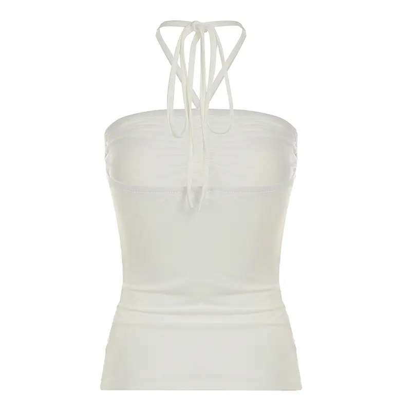 Rockmore Coquette Lace-up Halter Crop Top Women Solid Sexy Backless Button Pleated Camis Y2K Streetwear Female 2000s Aesthetic