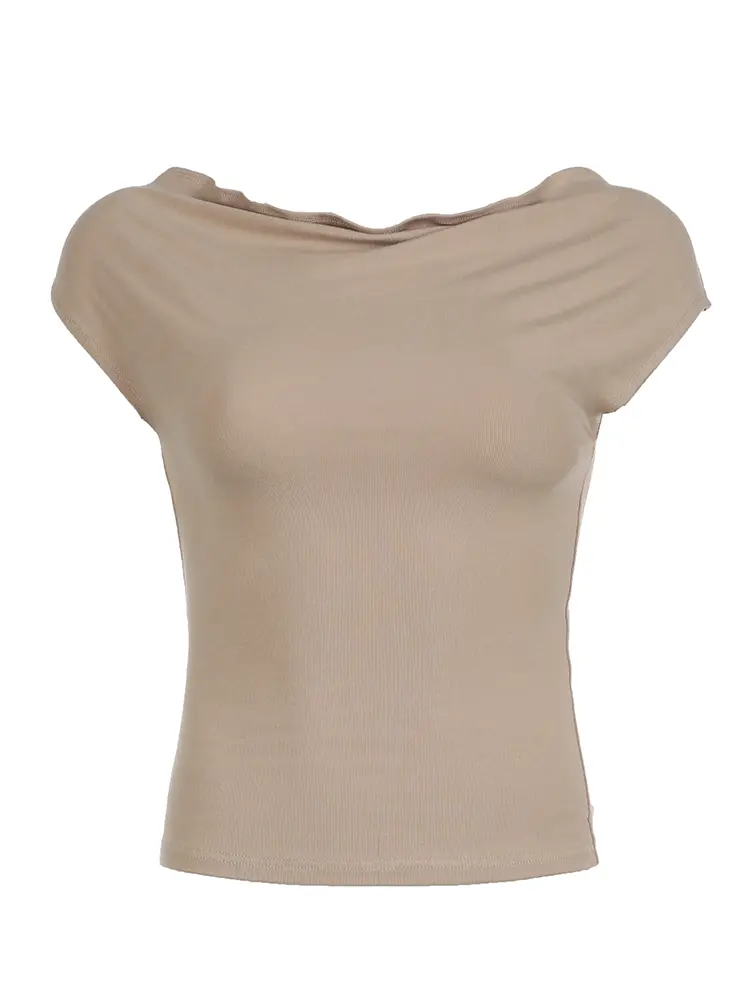 Rockmore Solid Off Shoulder Women's Tee Harajuku Casual Draped Cowl Neck Cap Sleeve T-shirt Summer Elegant Slim Tops Korean 2024