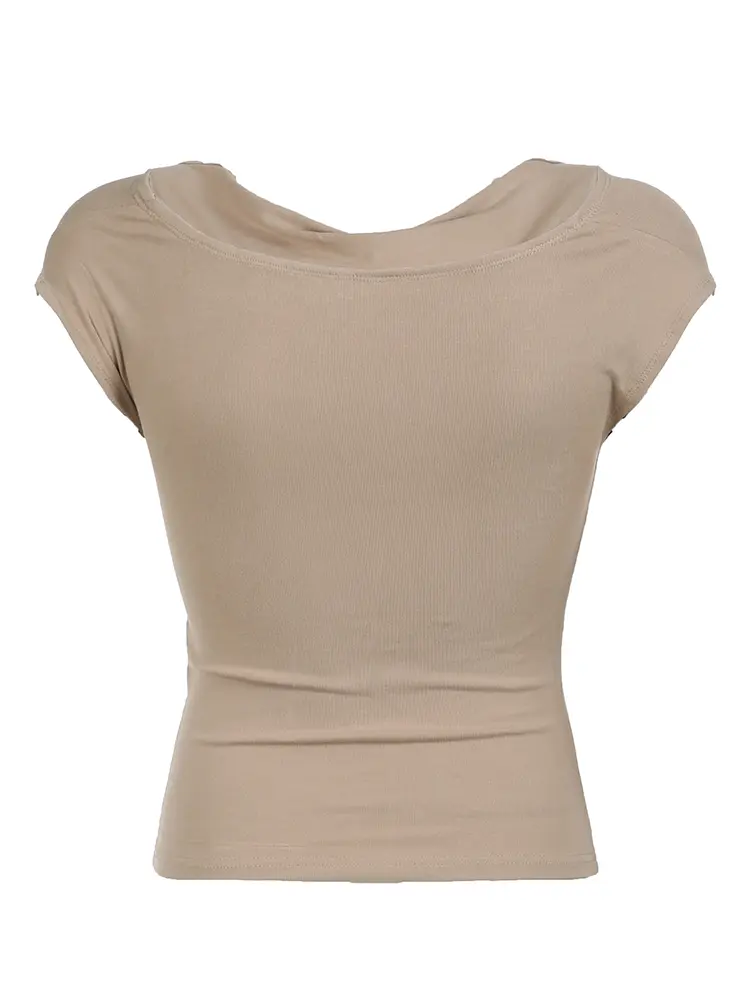 Rockmore Solid Off Shoulder Women's Tee Harajuku Casual Draped Cowl Neck Cap Sleeve T-shirt Summer Elegant Slim Tops Korean 2024