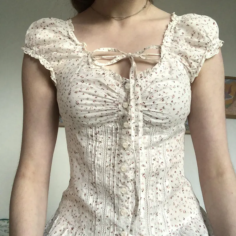 French Floral Blouse Women Lace-up Square Collar Slim Buttons Shirt Y2K Sweet Short Sleeve Accordions Tops Preppy Downtown Girl