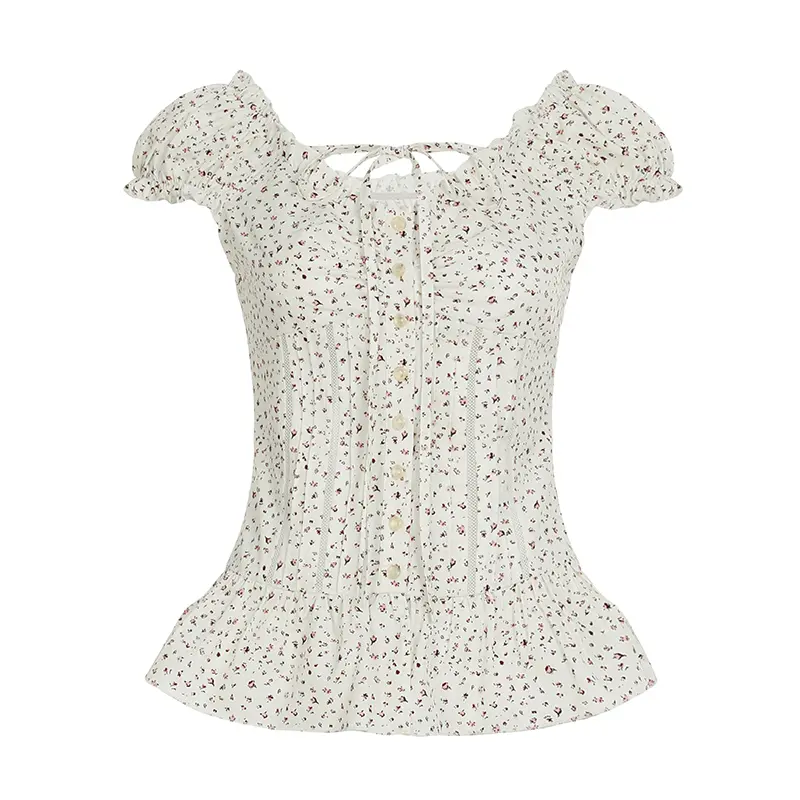 French Floral Blouse Women Lace-up Square Collar Slim Buttons Shirt Y2K Sweet Short Sleeve Accordions Tops Preppy Downtown Girl