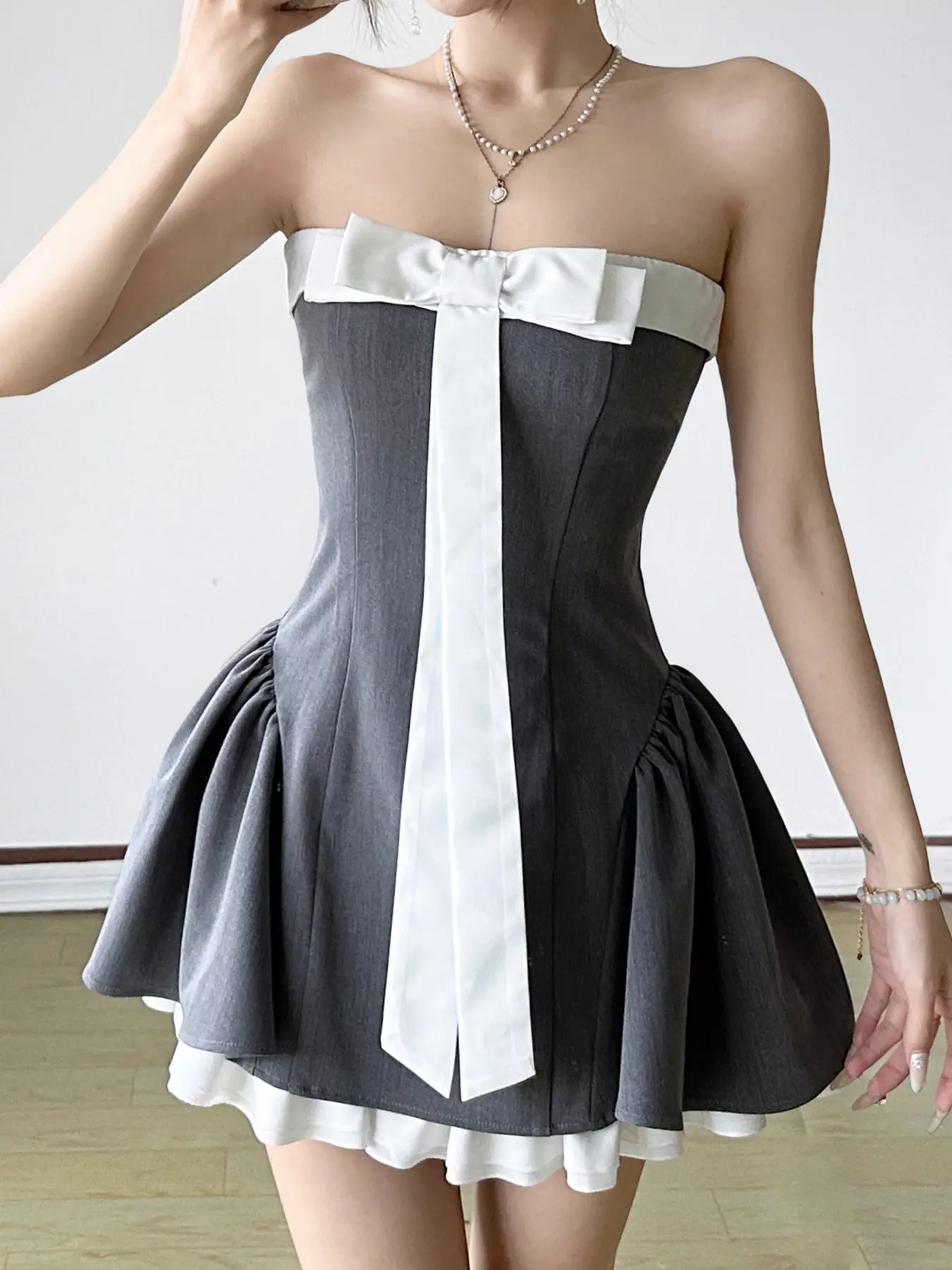 Rockmore Bow Contrast Patchwork Strapless Dress Women Off-shoulder Tube Party Dress High Waist A-line Mini Dresses Club Party