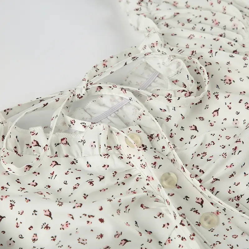 French Floral Blouse Women Lace-up Square Collar Slim Buttons Shirt Y2K Sweet Short Sleeve Accordions Tops Preppy Downtown Girl